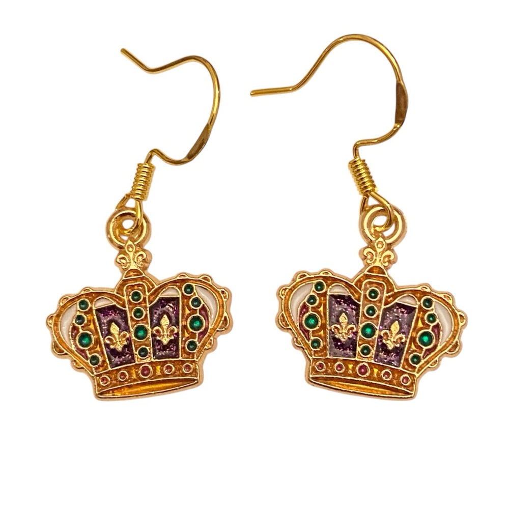 Mardi Gras Theme Crown Dangle Earrings